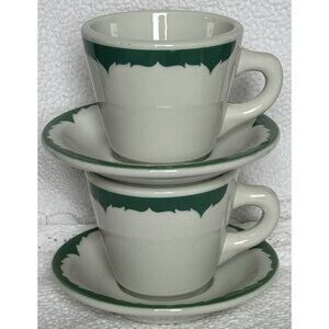 Vintage Shenango China Green Everglades Restaurant Ware Cups Saucers Set Of 2